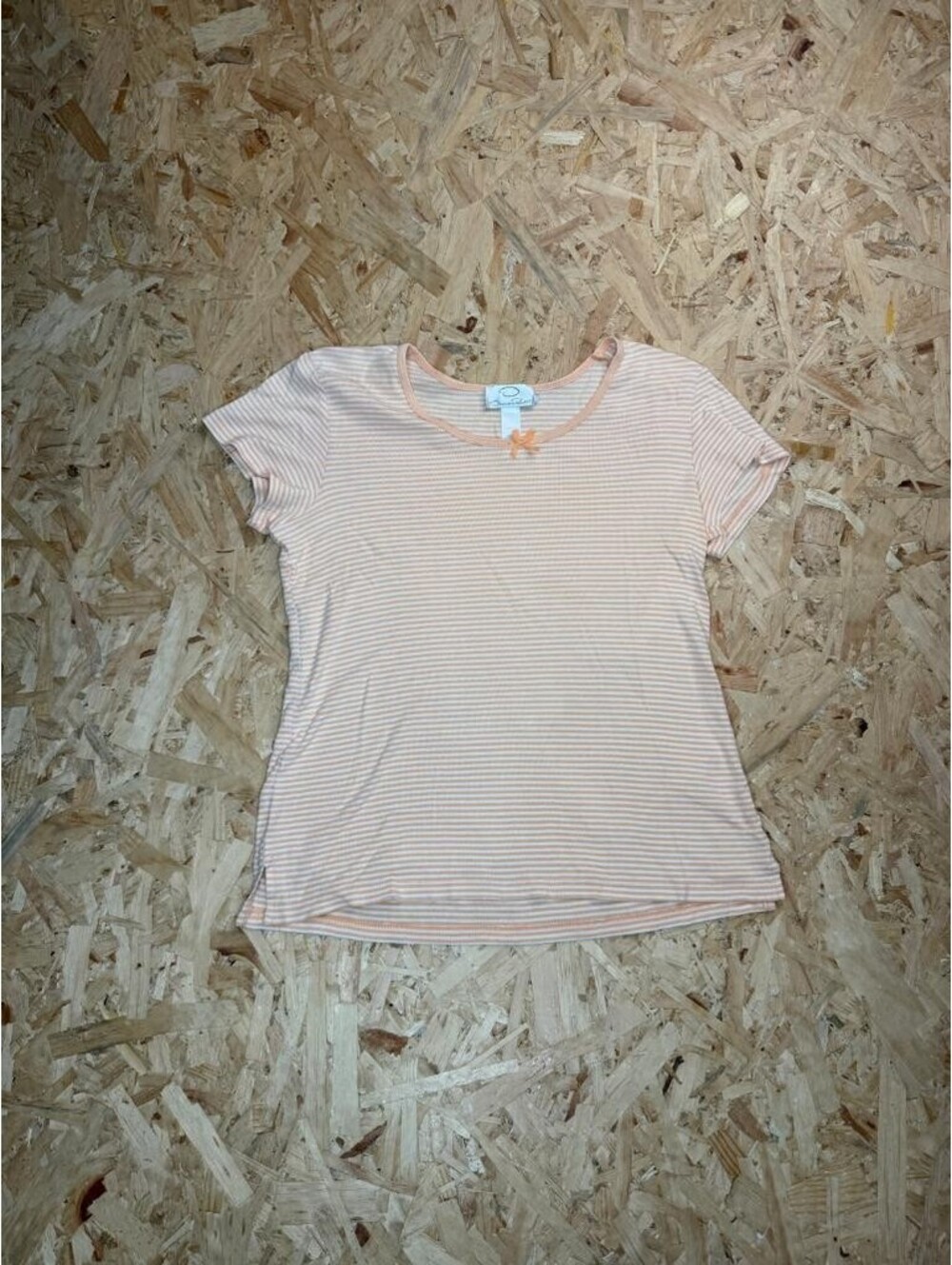 Oscar de la Renta Top Womens Small Peach White Striped Ribbed Knit Tee Bow